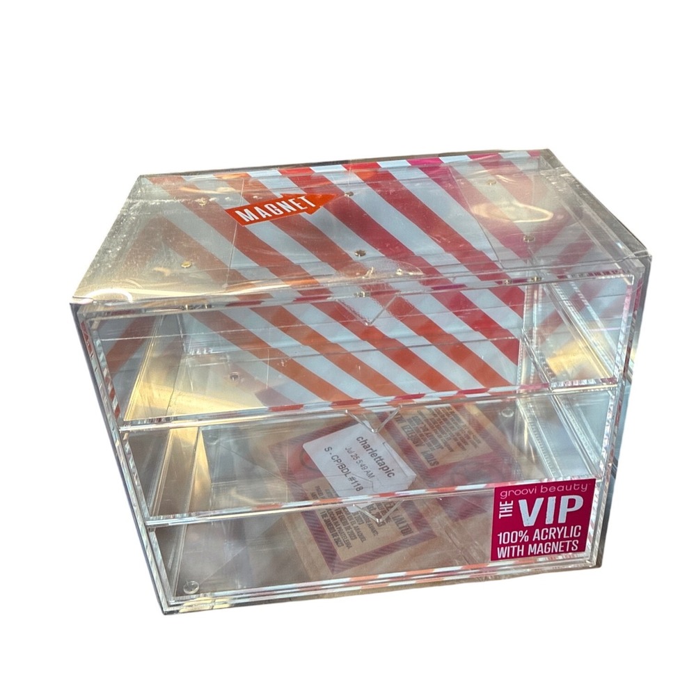 Groovi Beauty The VIP Clear 100% Acrylic 3 Drawer Magnetic Makeup Organizer New